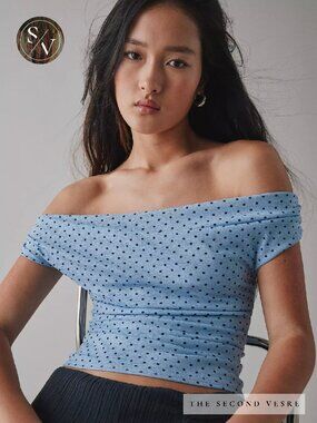 NWT Urban Outfitters Fia Mesh Off The Shoulder Crop Blue Black Polka Dot Top Med
